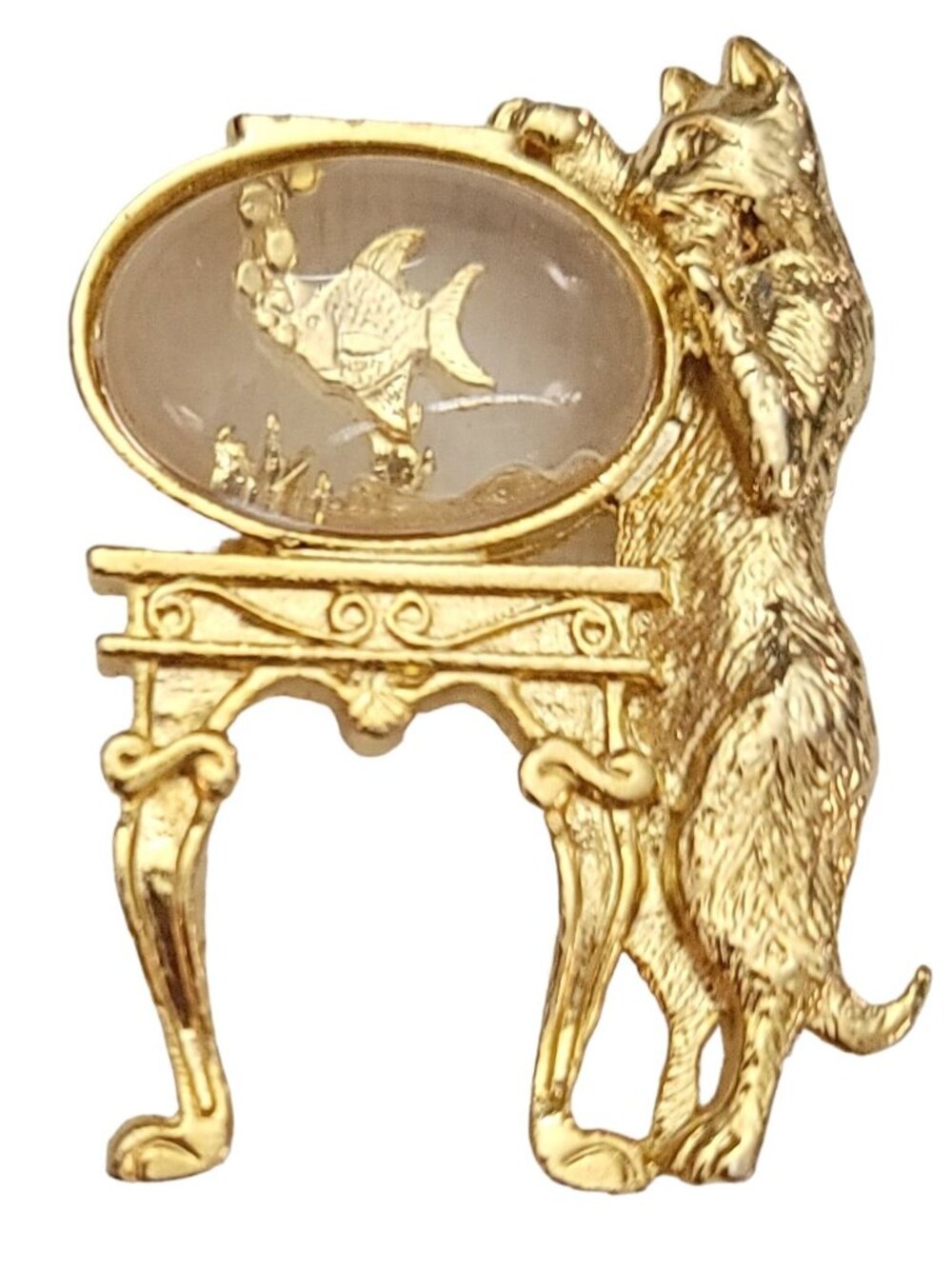 1928 Brand Gold Tone Cat And Lucite Fish Bowl Brooch K705